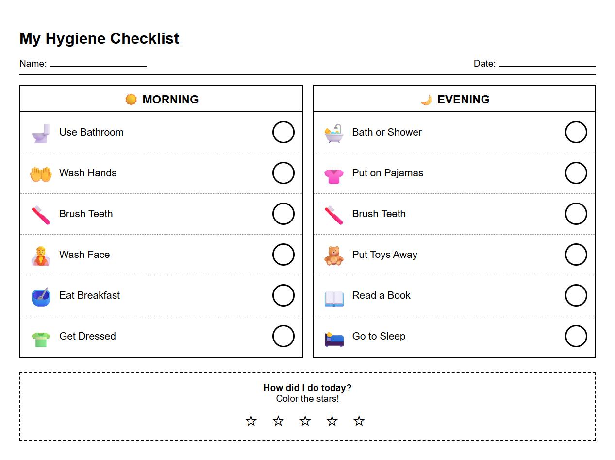 Morning and Evening Hygiene Checklist Worksheet