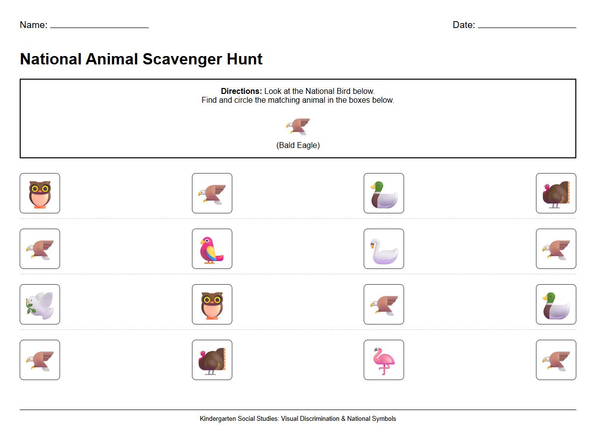 National Animal Symbol Visual Discrimination Worksheet for Kindergarten