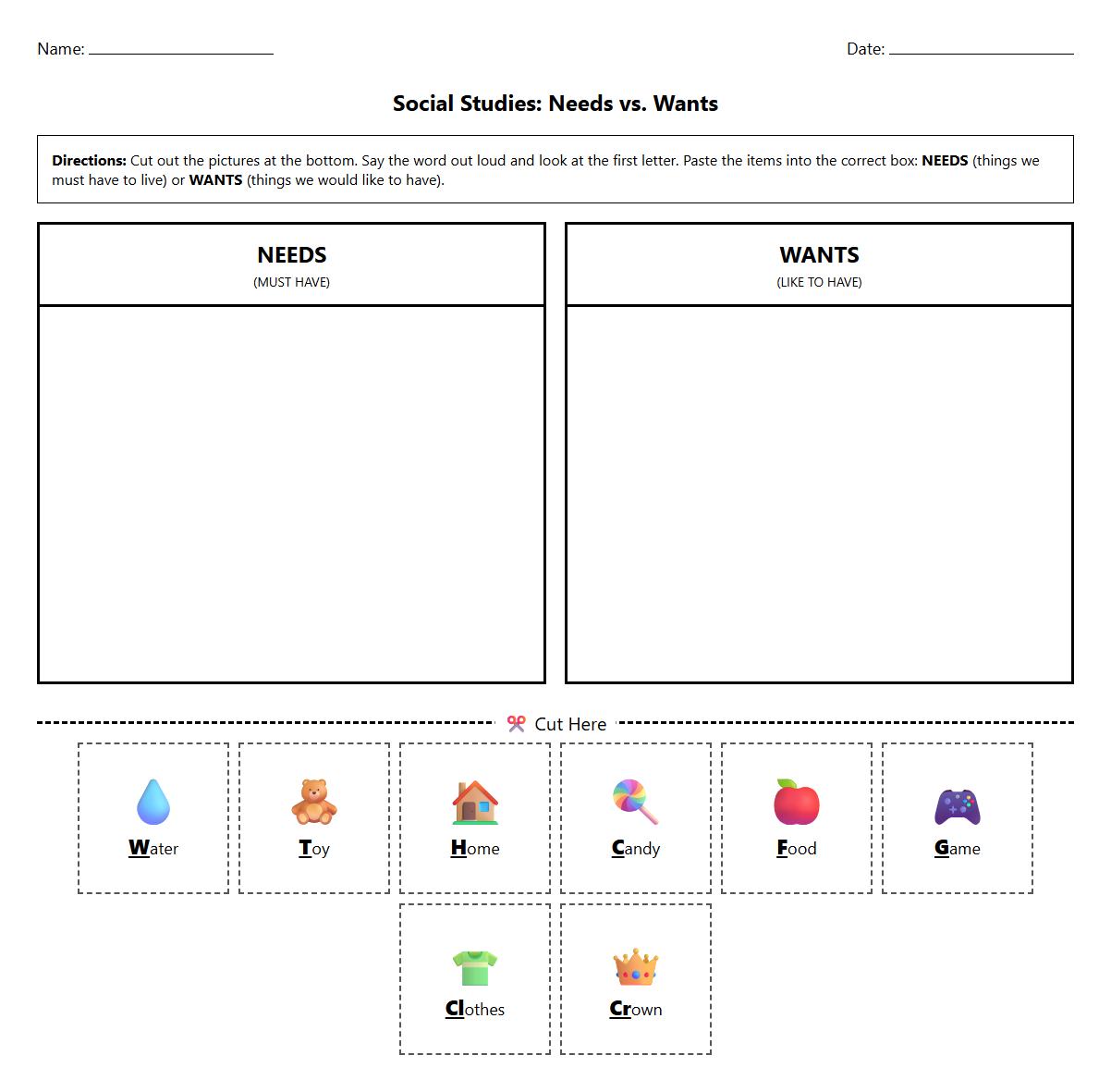 Needs and Wants Cut and Paste Activity with Phonics Matching