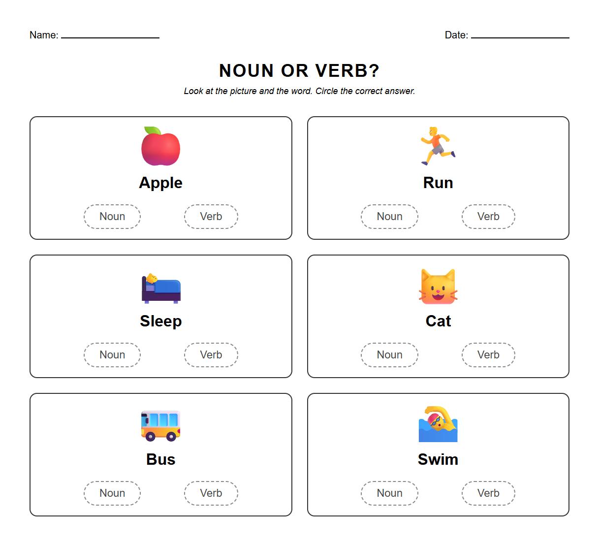 Noun and Verb identification worksheets with pictorial prompts