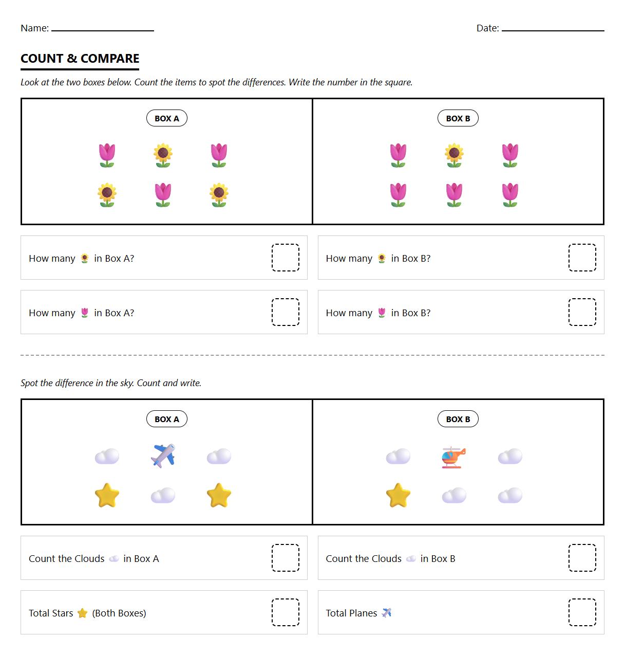 Number Sense Spot the Difference Worksheet for Counting Practice