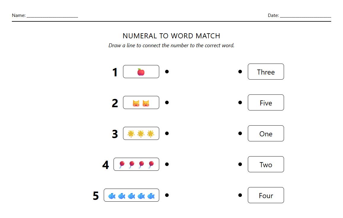 Numeral to Word Correspondence Practice Page