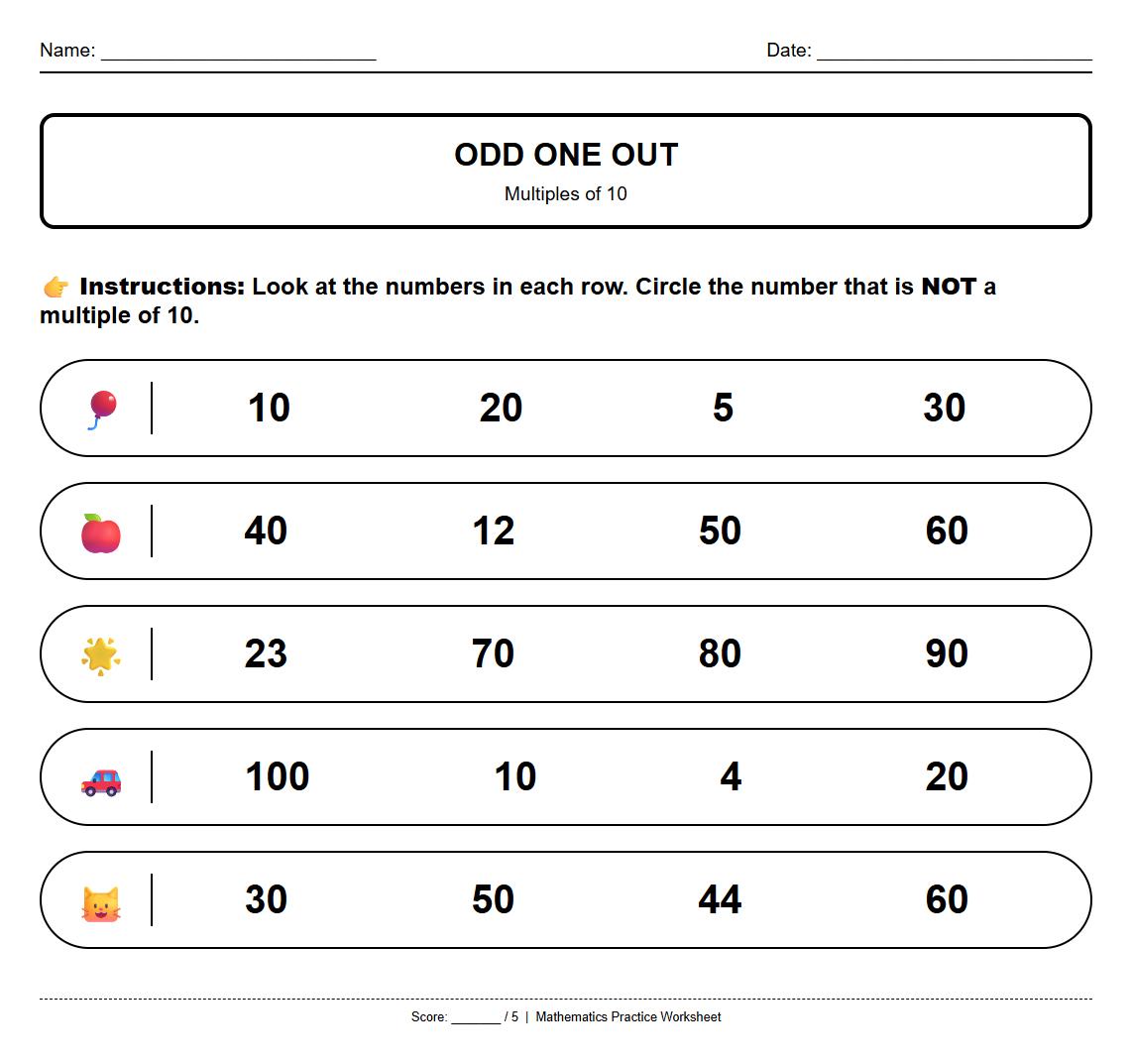 Odd One Out Multiples of 10s Identification Worksheet