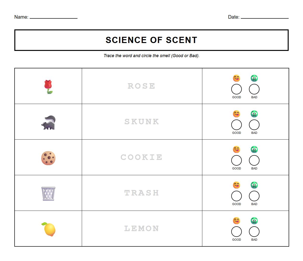 Olfactory Scent Recognition Vocabulary Sheet