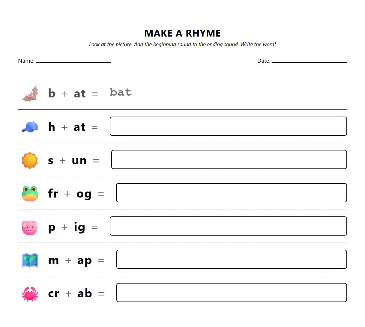 Onset and Rime Rhyming Word Practice Page