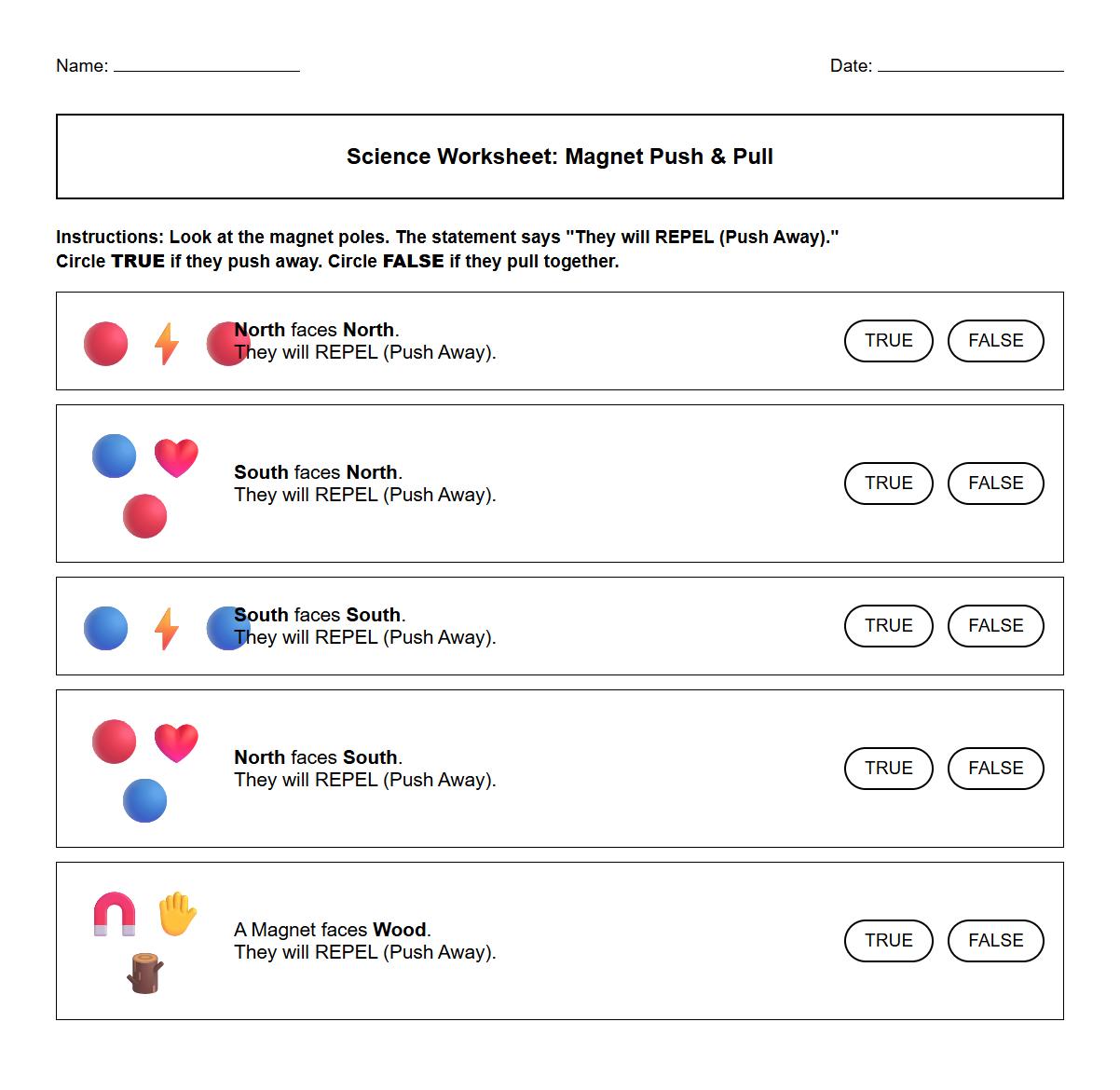 True or False: Magnet Repulsion Statements Worksheet