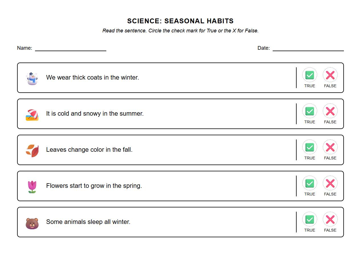 True or False Reading Comprehension Worksheet on Seasonal Habits
