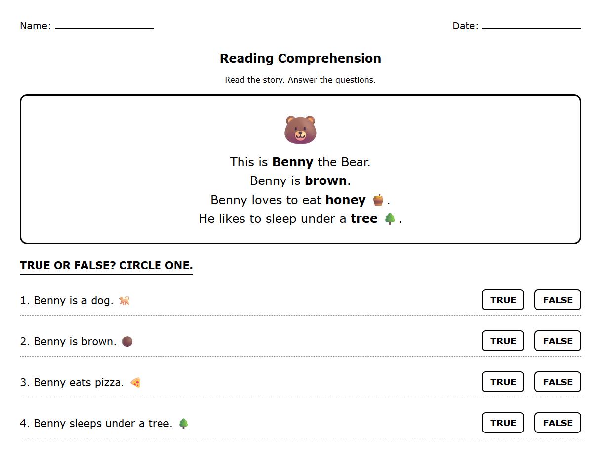 True or false story comprehension quiz
