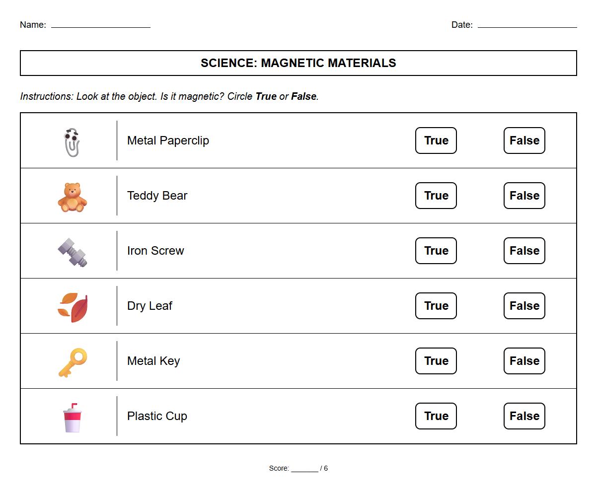 True or false worksheet about properties of magnetic and nonmagnetic materials