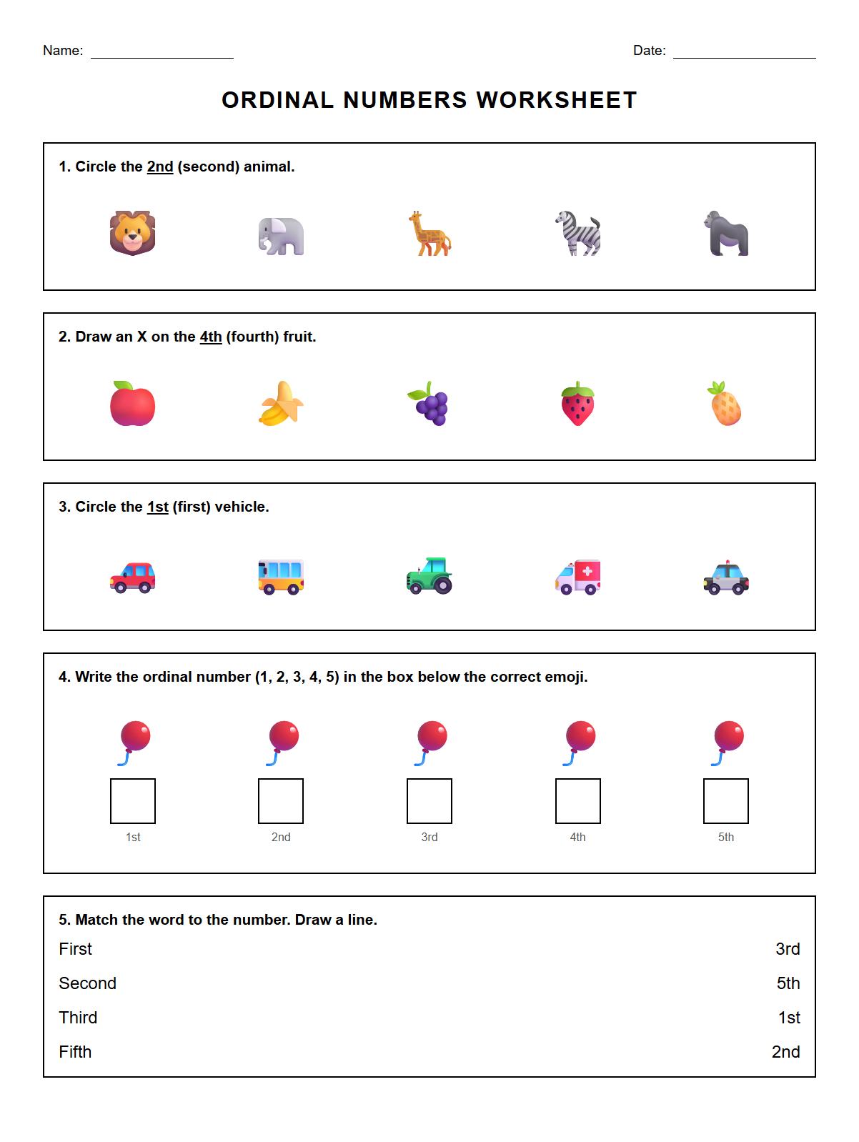 Ordinal Numbers and Sequencing Practice