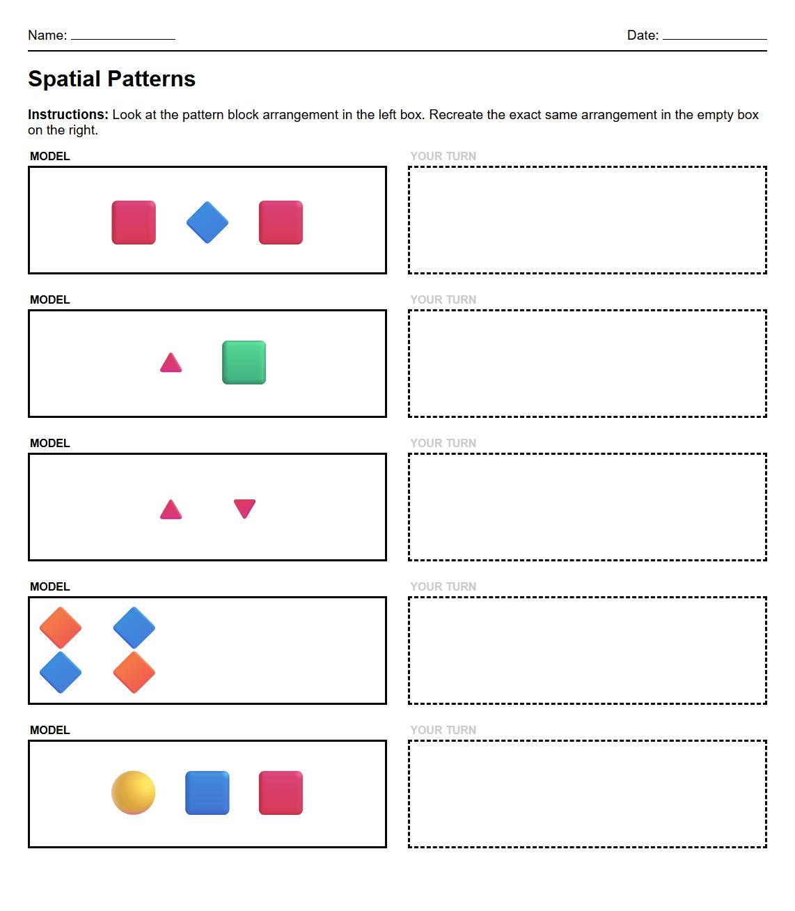 Pattern Block Spatial Arrangement worksheet