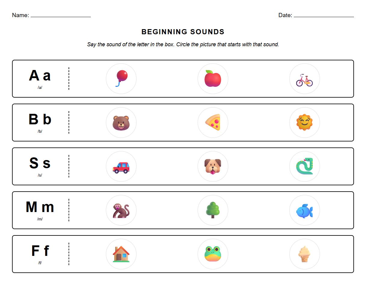 Phoneme isolation recognition worksheets