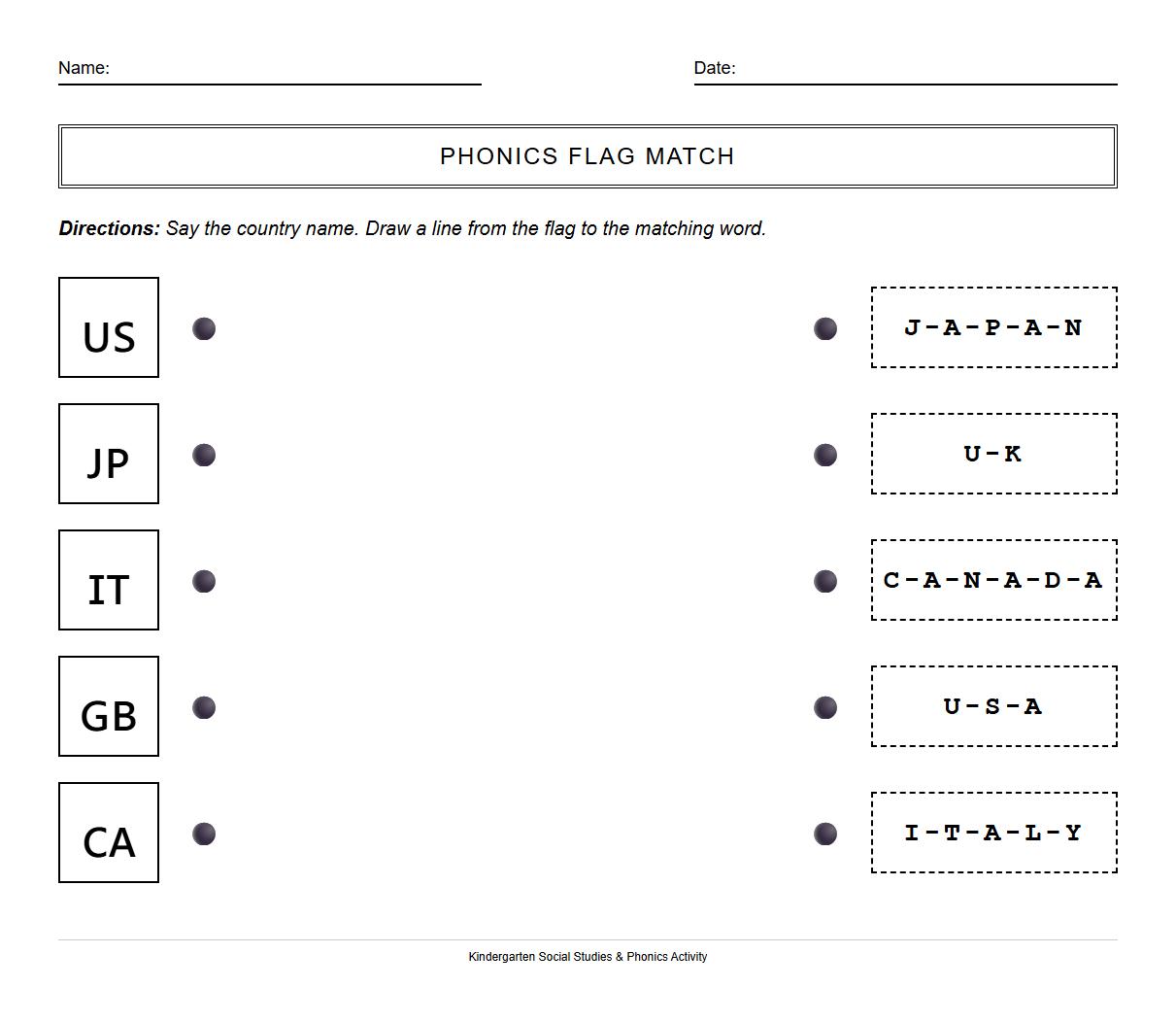 Phonics-Based Flag and Country Name Pairing Worksheet