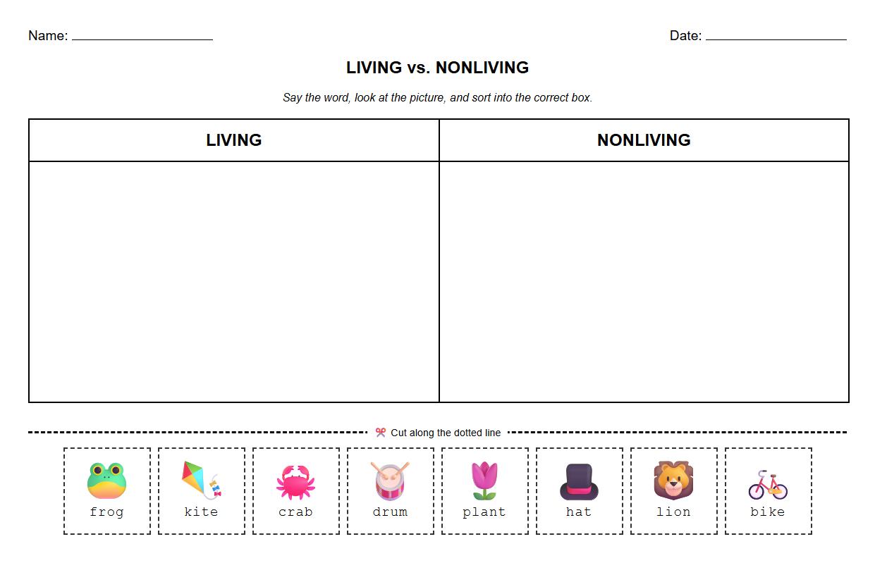 Phonics-Based Picture Sorting Worksheet for Living vs Nonliving Objects