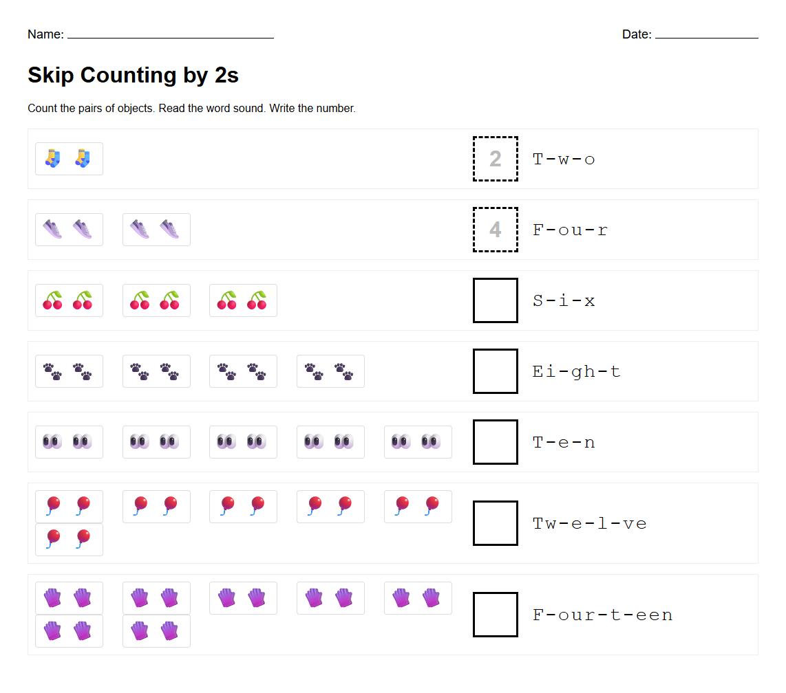 Phonics Based Skip Counting by 2s with Visual Cues Worksheet