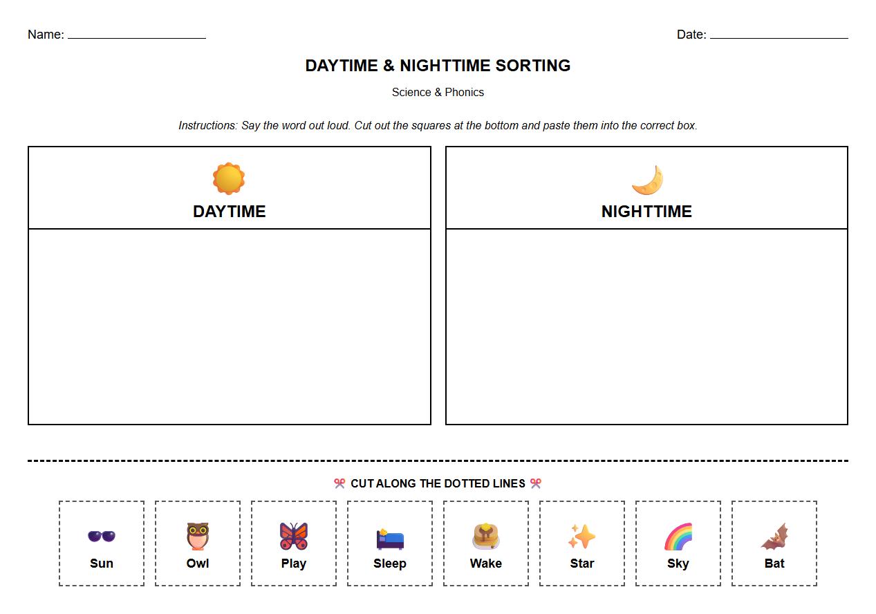 Phonics-Based Sorting Worksheet for Daytime and Nighttime Vocabulary