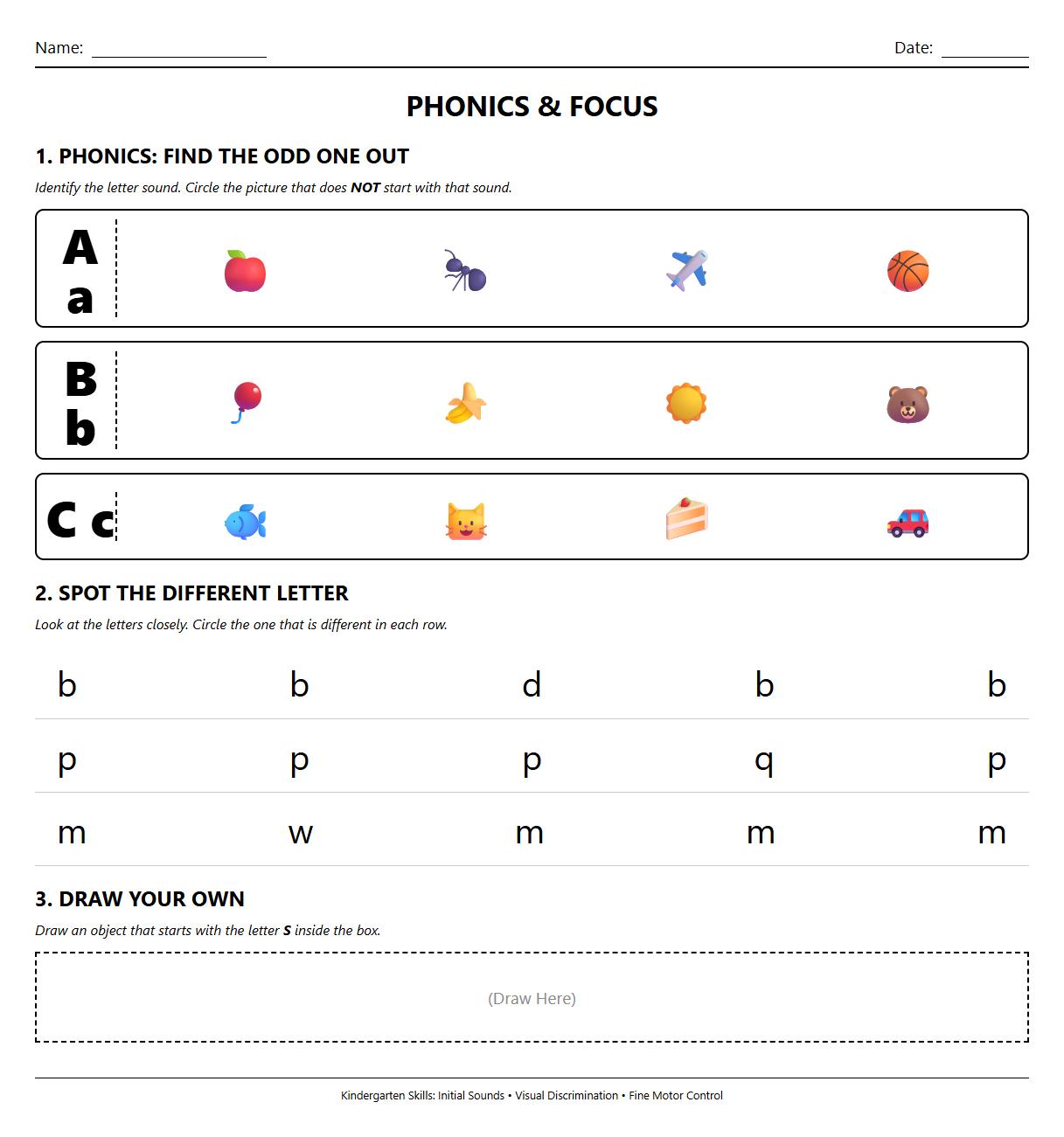 Phonics based Spot the Difference worksheet featuring letter objects