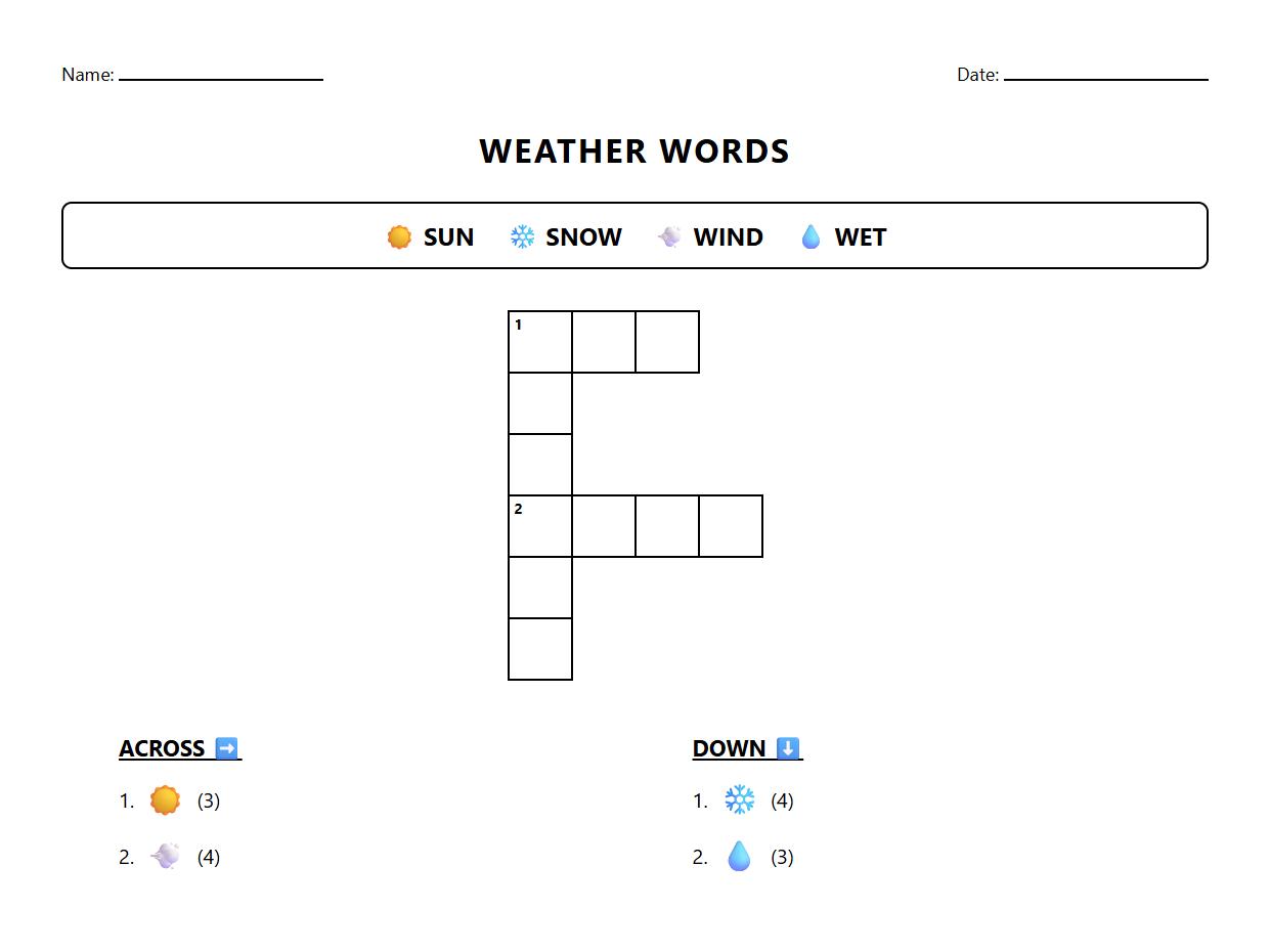 Phonics-based weather vocabulary crossword puzzle