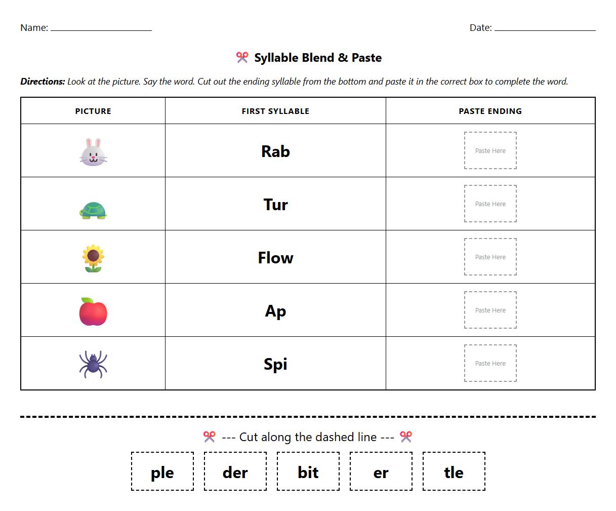 Phonics Blending Syllable Cut and Paste Activity for Kindergarten
