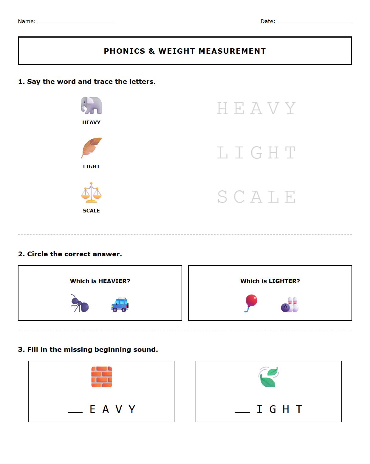 Phonics Integrated Worksheet Featuring Weight Measurement Vocabulary
