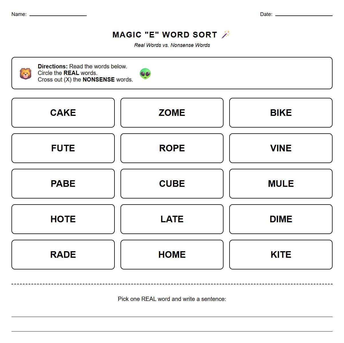 Phonics silent E real and nonsense word identification