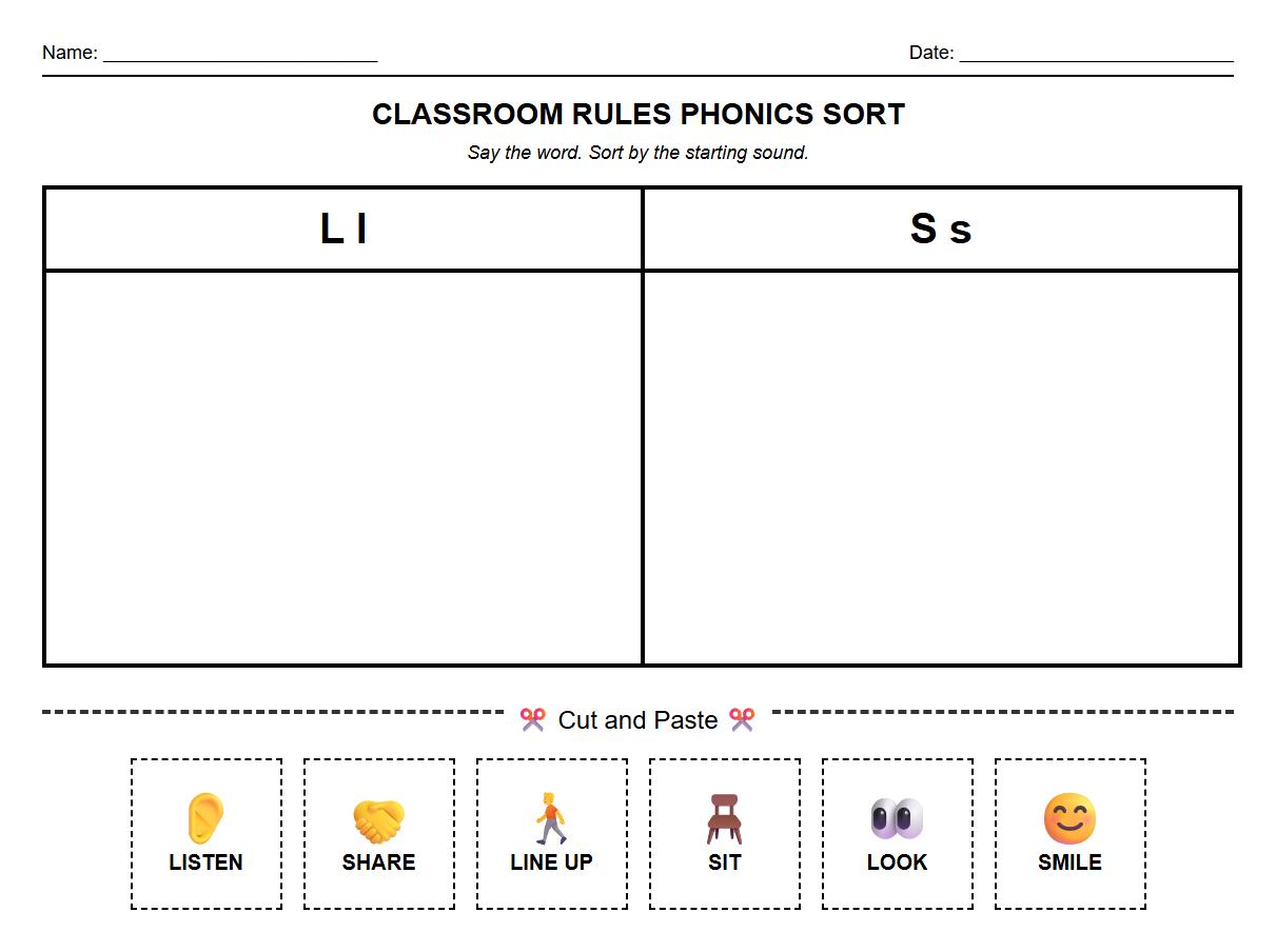 Phonics sorting worksheet with classroom rule vocabulary