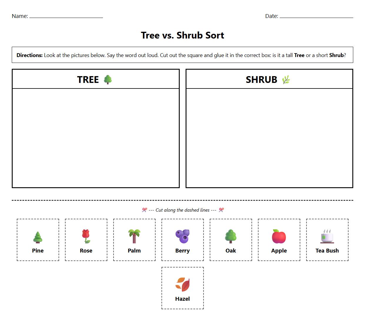 Phonics Sorting Worksheet for Tree and Shrub Vocabulary