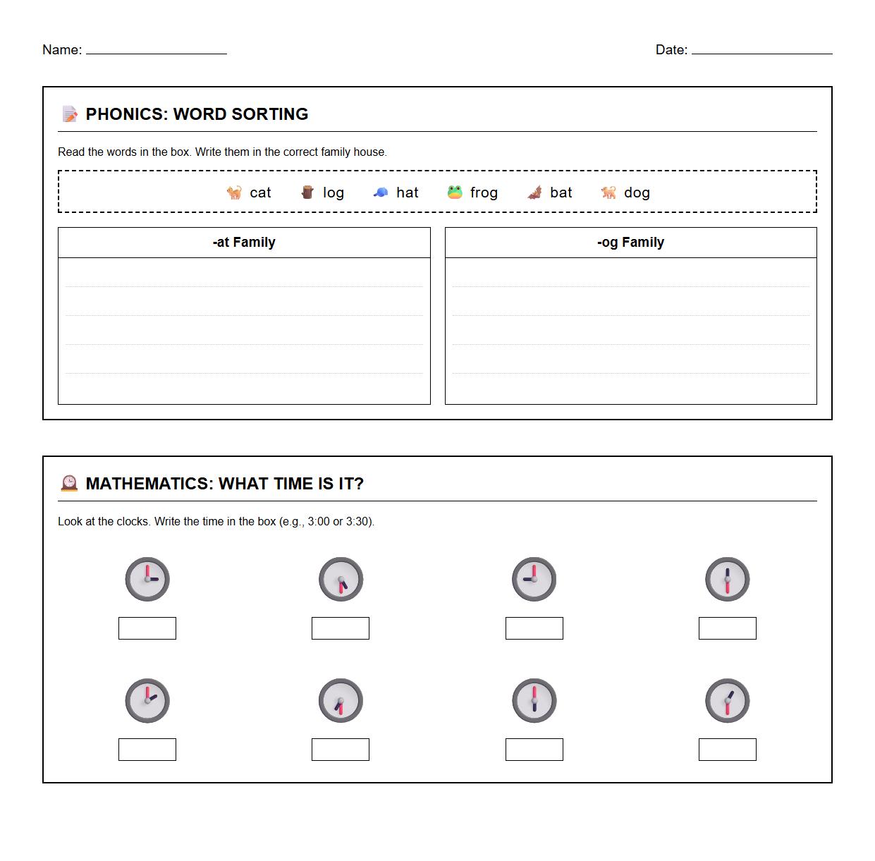 Phonics Time Word Sorting Hour and Half Hour