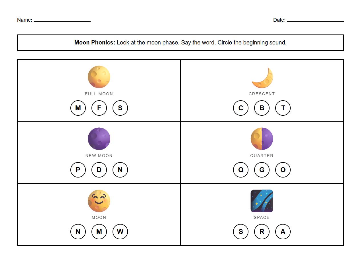 Phonics worksheet identifying beginning sounds in moon phase vocabulary