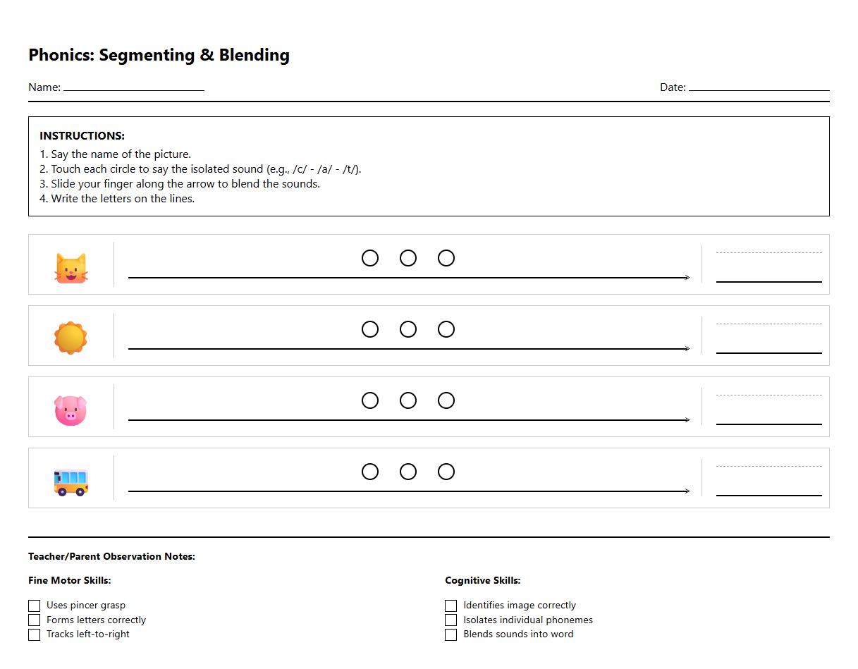 Phonics Worksheet for Segmenting and Blending Sounds with Instructional Prompts