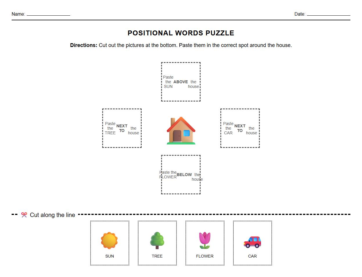 Positional Words Puzzle Cut and Paste Worksheet