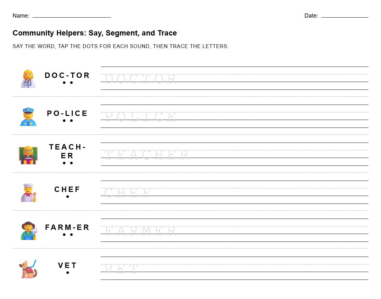 Profession Name Tracing Task for Sound Segmentation and Writing Fluency