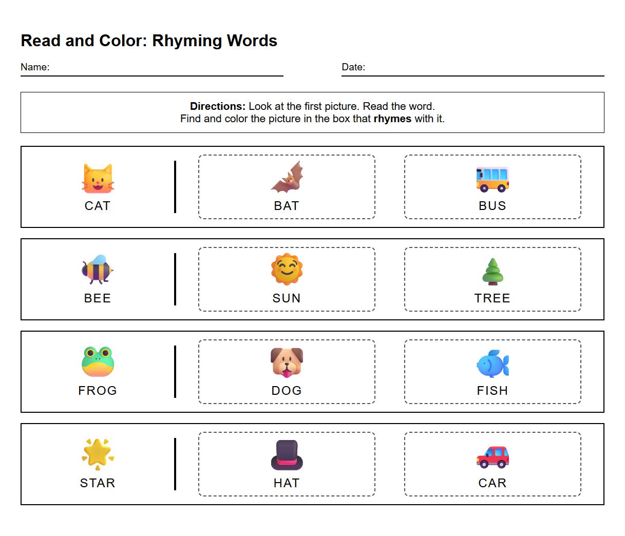 Read and Color Rhyming Words Phonological Awareness