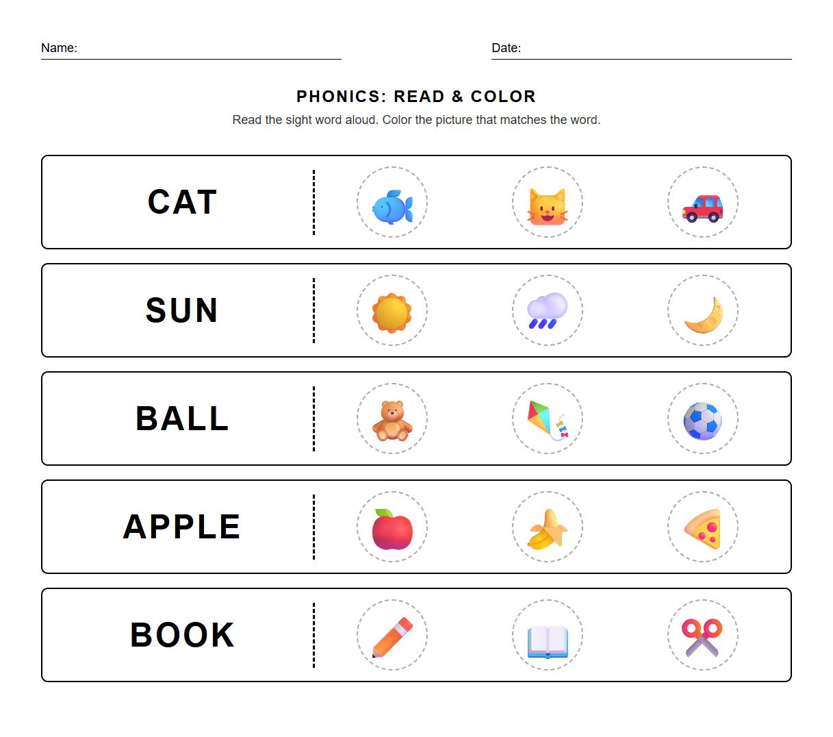 Read and Color Sight Word Phonics Worksheet