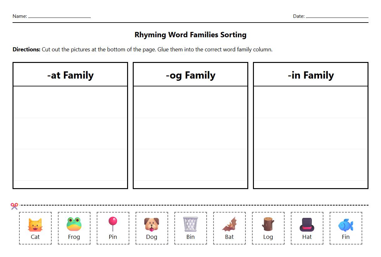 Rhyming Word Families Sorting Activity Sheet