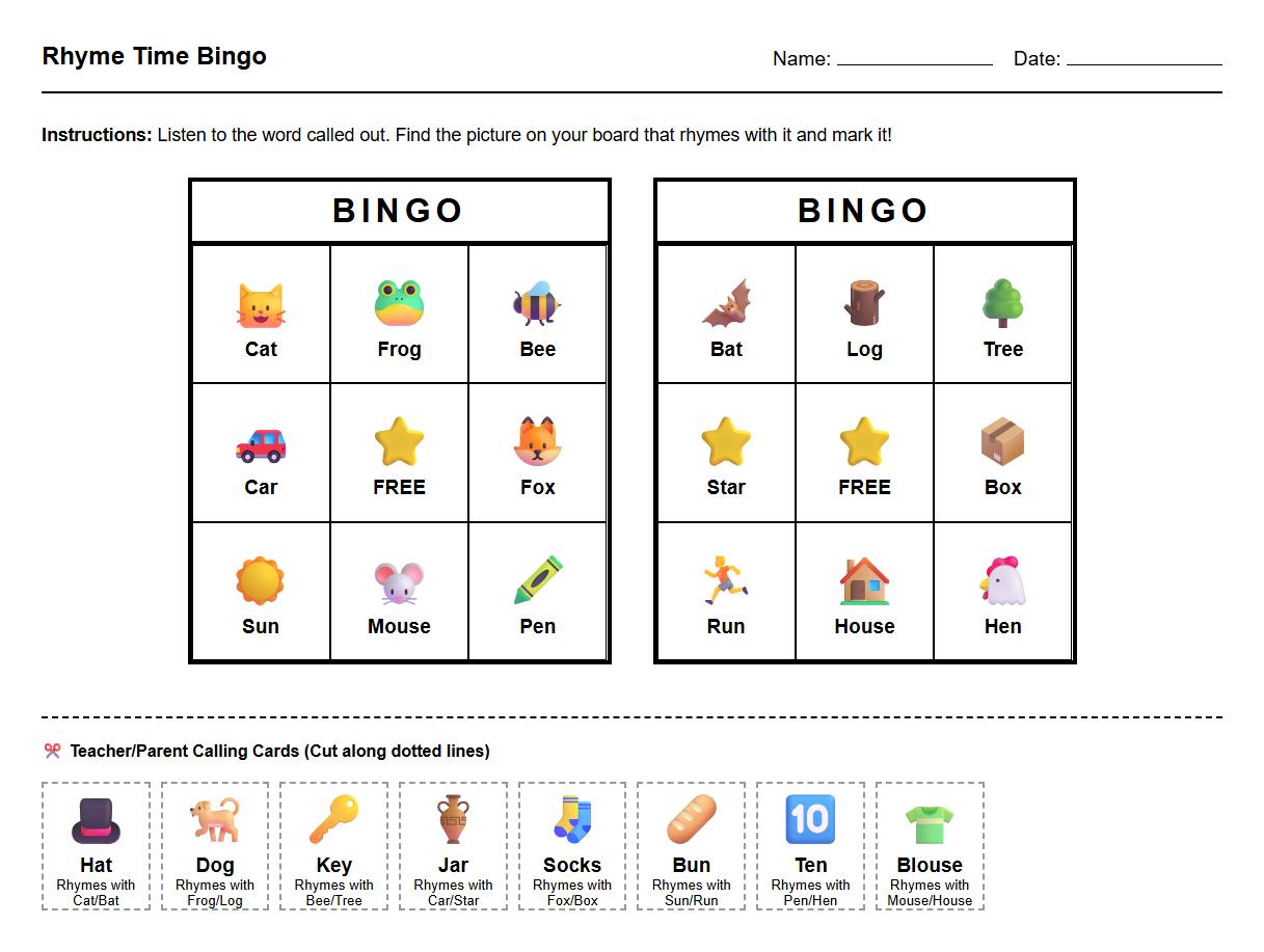 Rhyming Words Bingo Boards for Phonemic Awareness