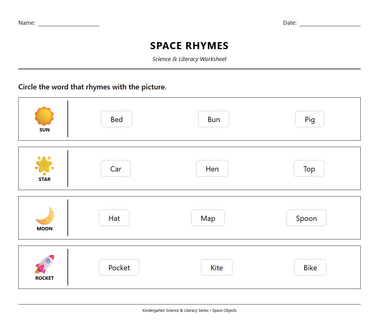 Rhyming Words with Space Objects Early Literacy Sheet