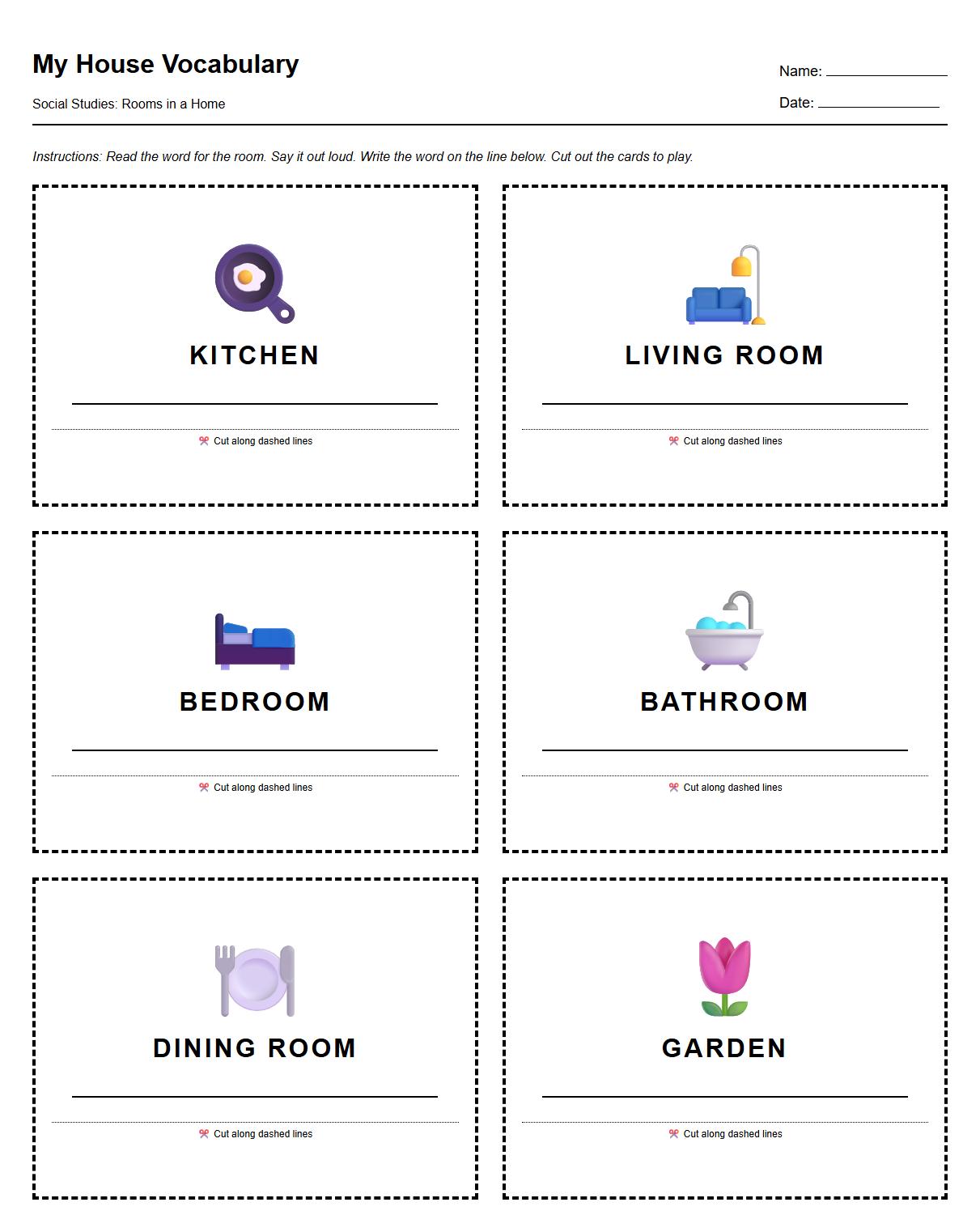 Room Flashcard Worksheet for Vocabulary Reinforcement