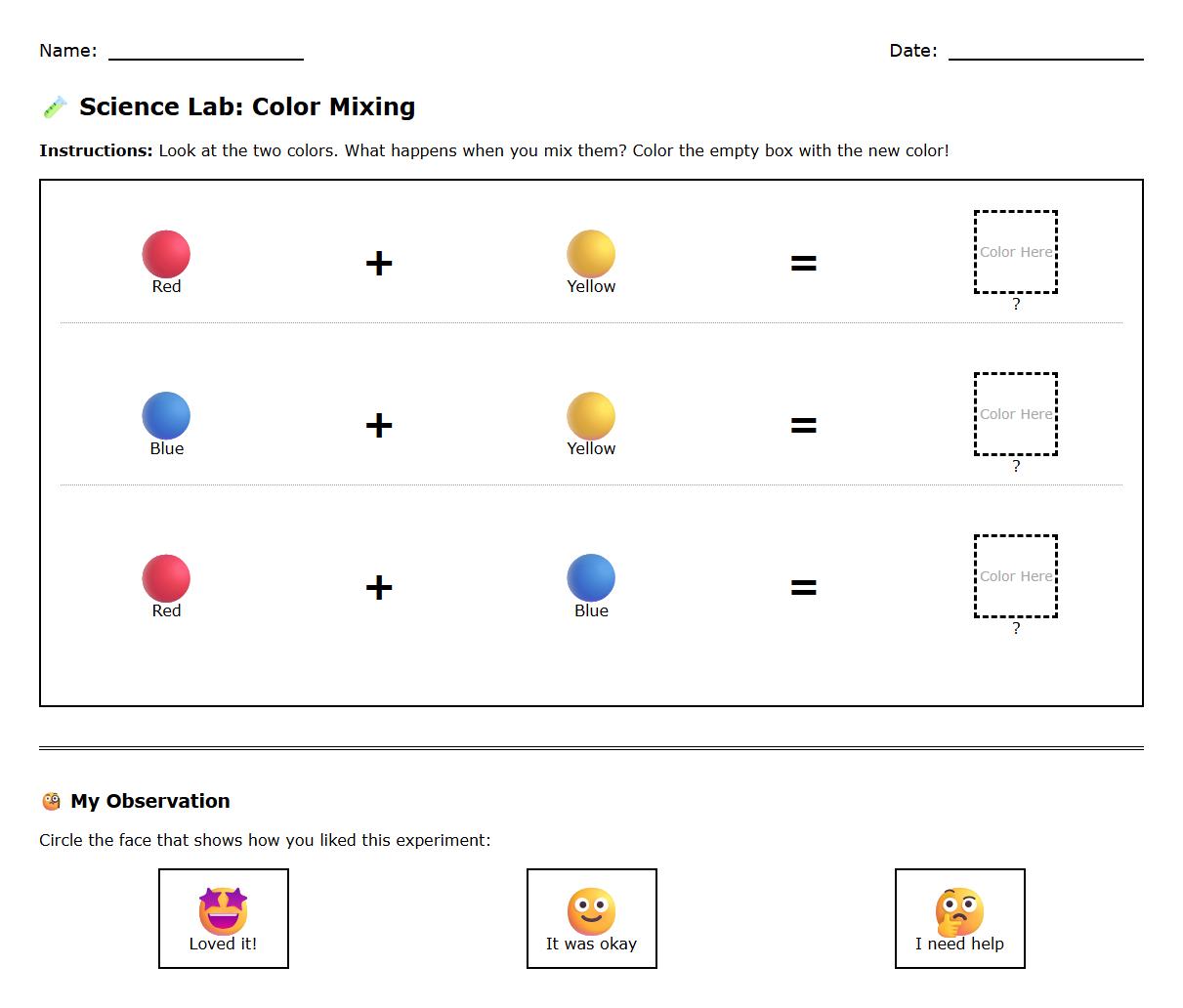 Scientific Observation Sheet for Color Changes