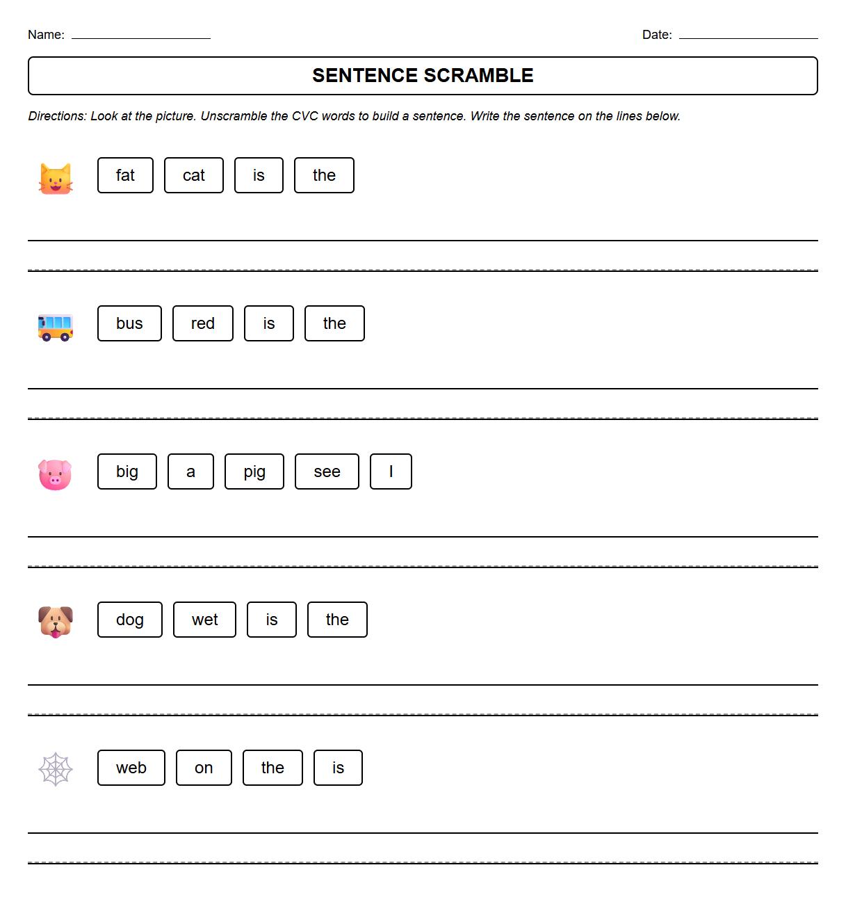 Scrambled Words Sentence Construction Using CVC Words
