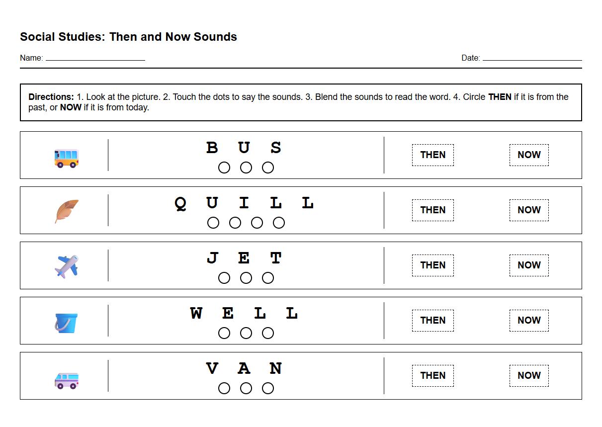 Segmenting and Blending Sounds in Then and Now Activities Worksheet