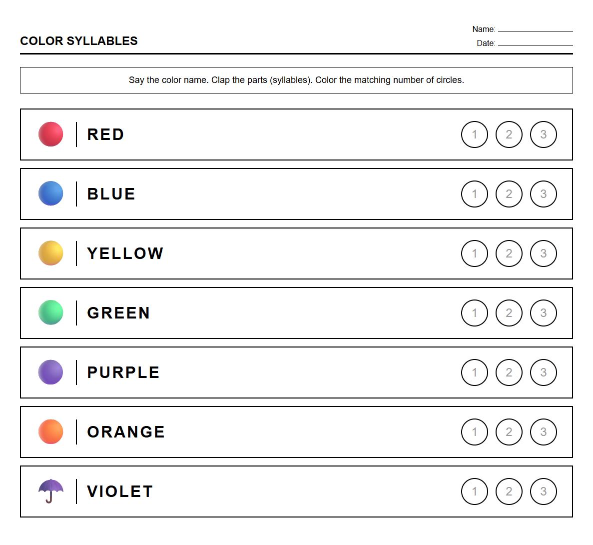 Semantic Color Vocabulary Syllable Segmentation Sheet