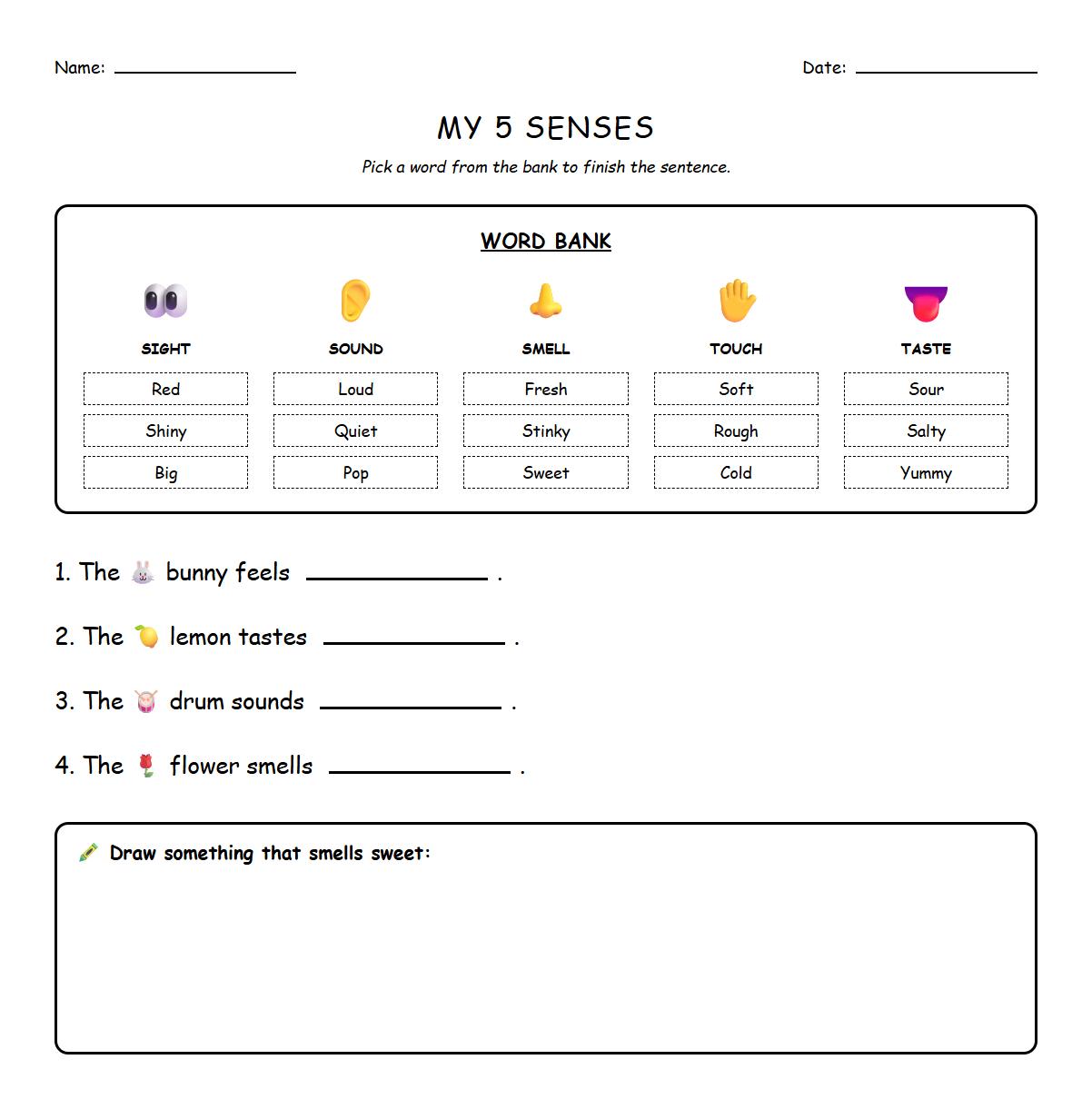 Sensory Word Bank and Sentence Construction Activity