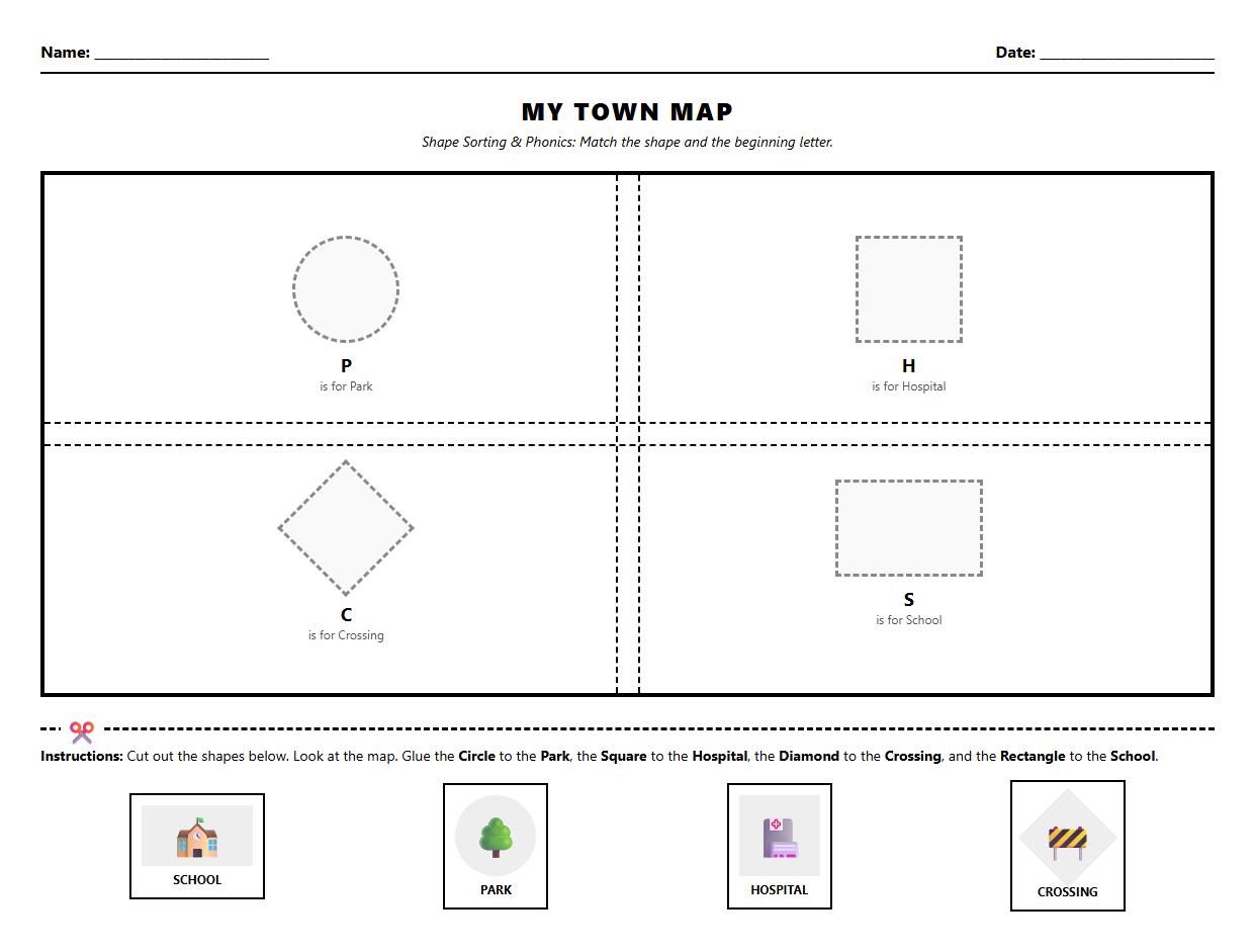 Shape Sorting on Map Worksheet Utilizing Phonics and Visual Discrimination