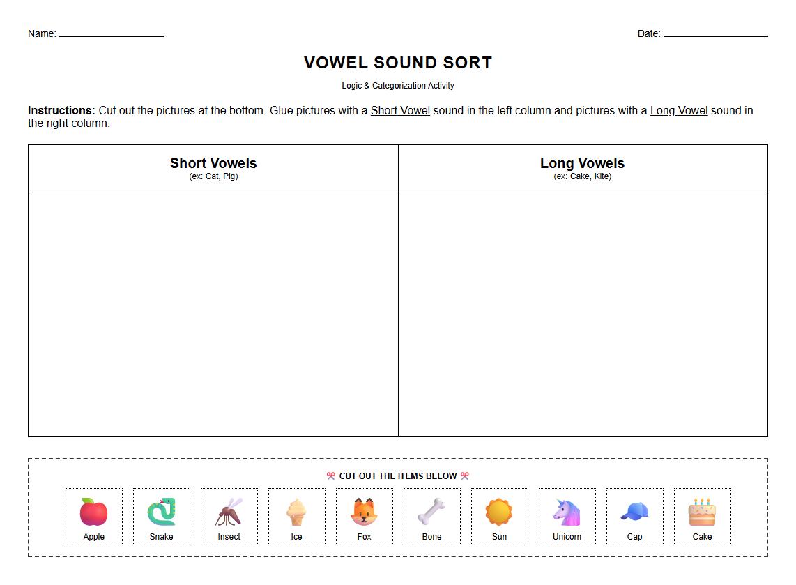 Short and Long Vowel Sound Sorting Game