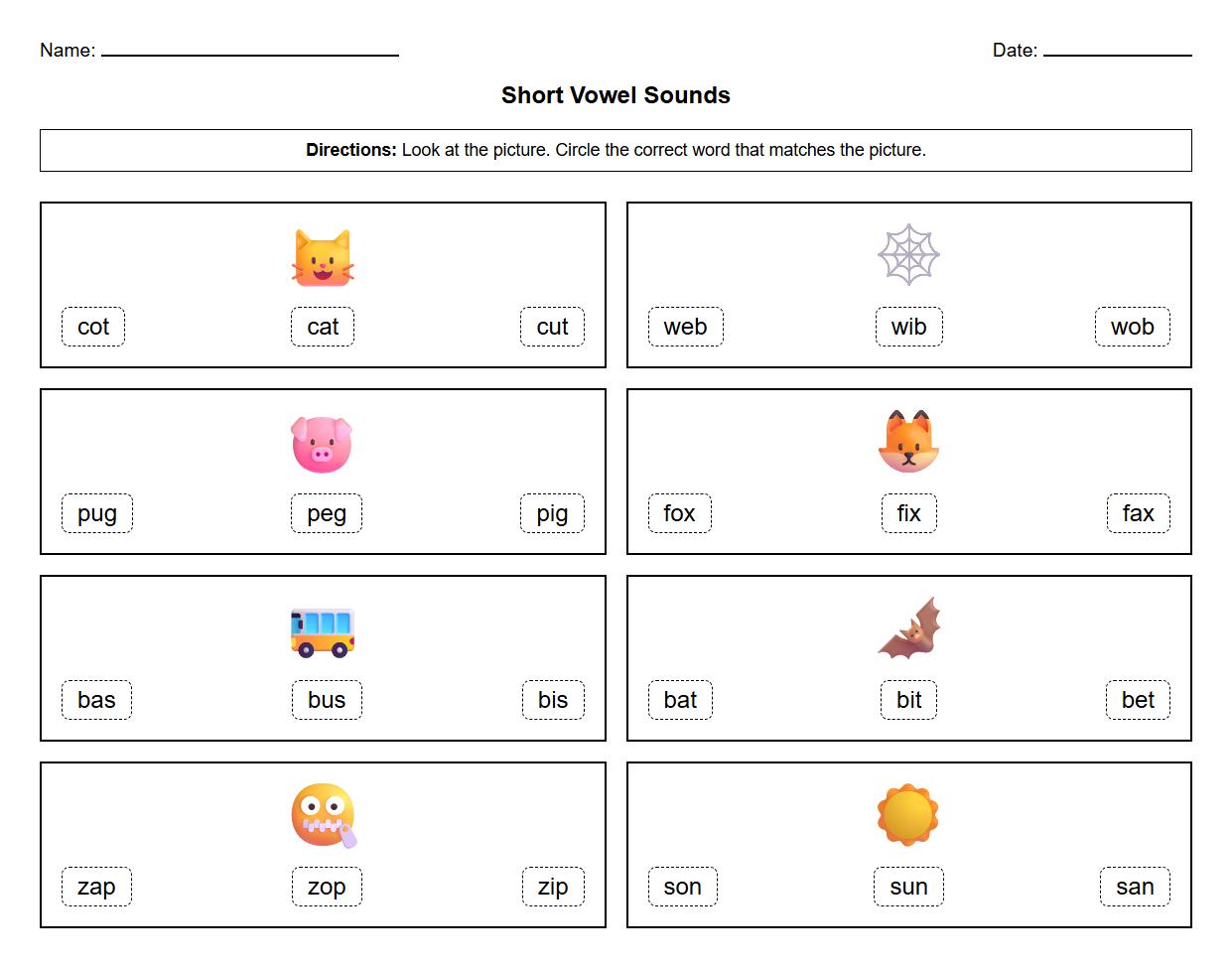 Short Vowel Sound Picture and Word Association Sheet