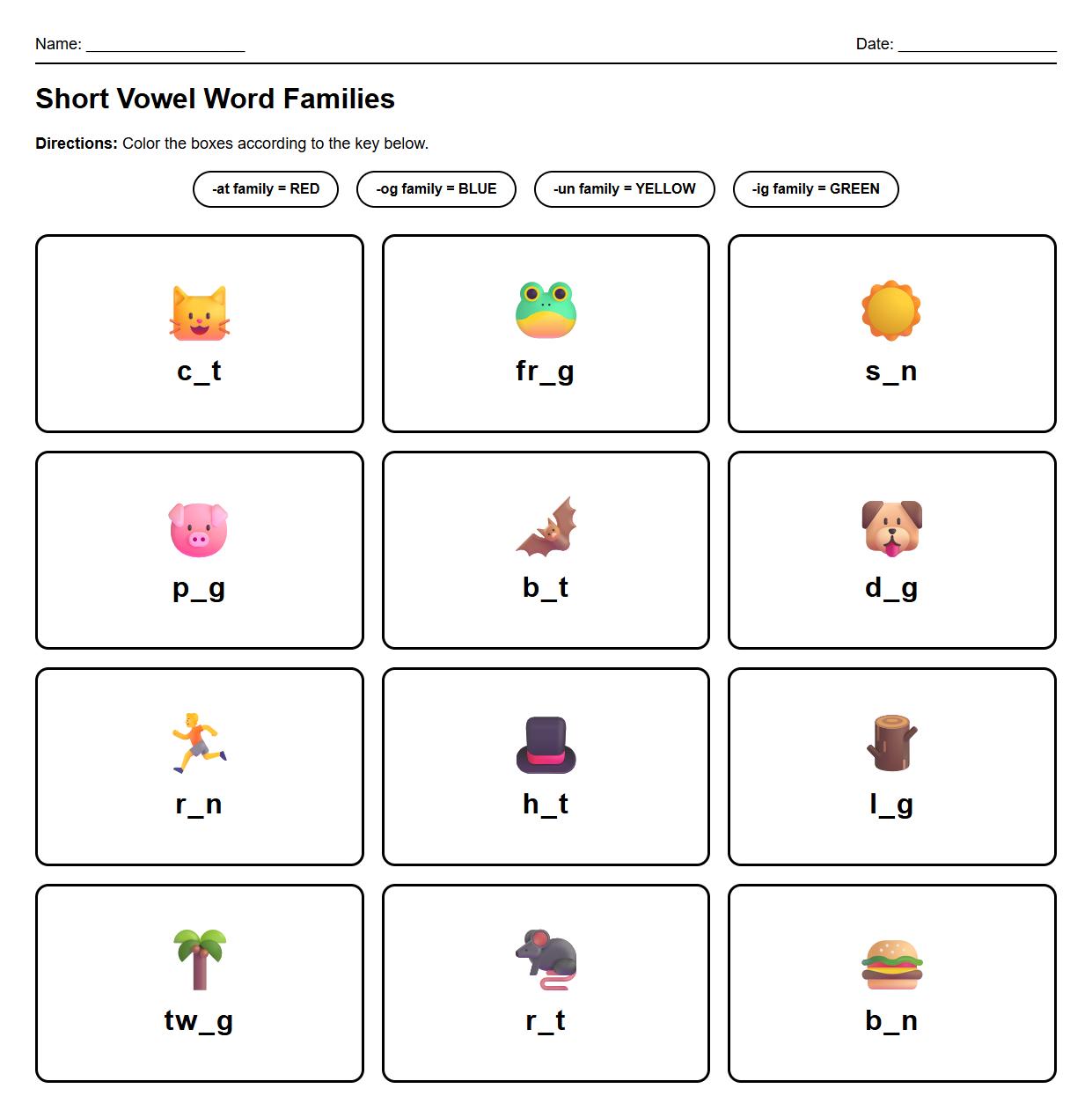 Short Vowel Word Family Coloring Phonics Activity Worksheet