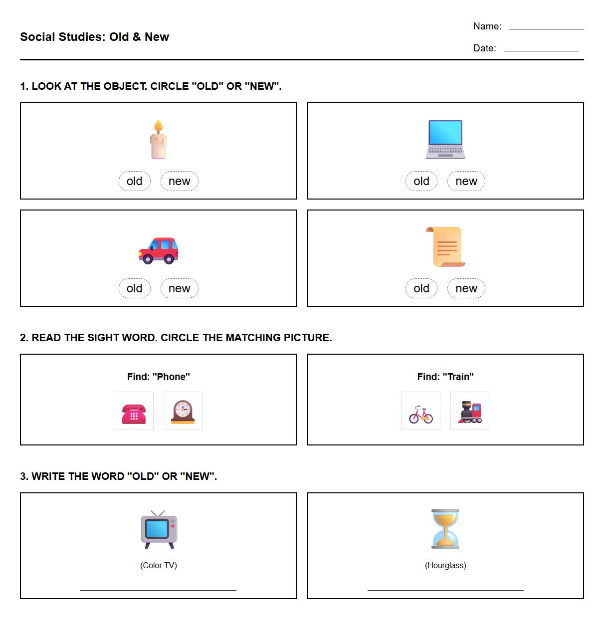 Sight Word Recognition in Old and New Objects Worksheet