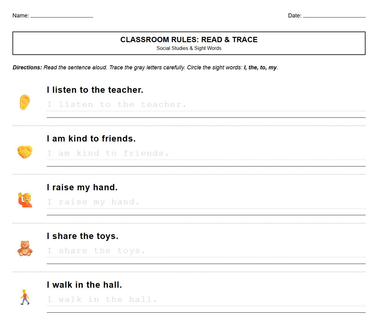 Sight Word Recognition Worksheet for Classroom Rules Using Read and Trace Sentences