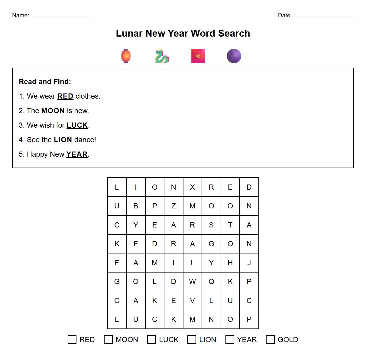 Sight Word Search Including Lunar New Year Vocabulary and Reading Skills